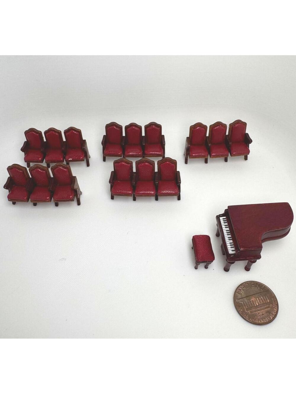 Miniature Dollhouse Triple Chair‎ Wood Upholstered Cinema Grand Piano Victorian